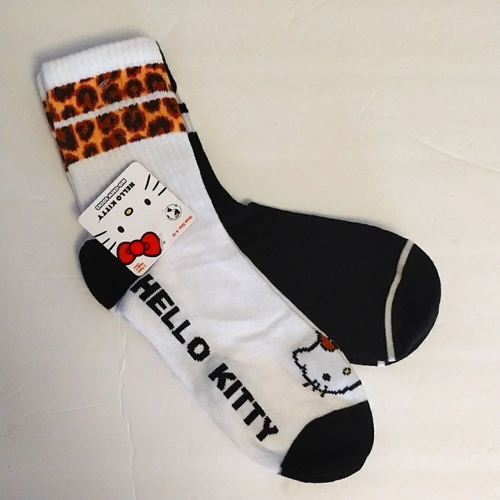 Hello Kitty Black White Cheetah Print‎ 2 Pairs Mid Crew Socks NWT